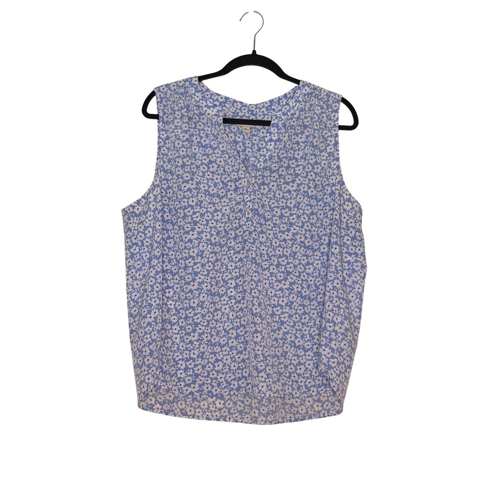 J.Crew Womens XL Blue White Floral Sleeveless Split Neck Button Blouse Top